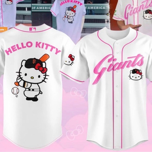 Hello Kitty Tops - Hello Kitty Giants Jersey Shirt - White and Pink XL